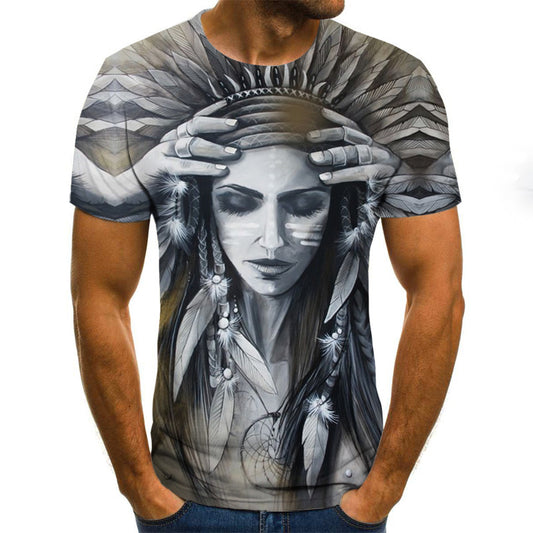 T-shirt with a graphic design of a woman's face with feathers and hands on a white background