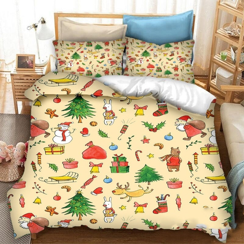 Christmas Printed Polyester Fiber Quilt Cover Pillowcase Bed Sheet