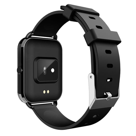 Black smartwatch with a black band on a white background