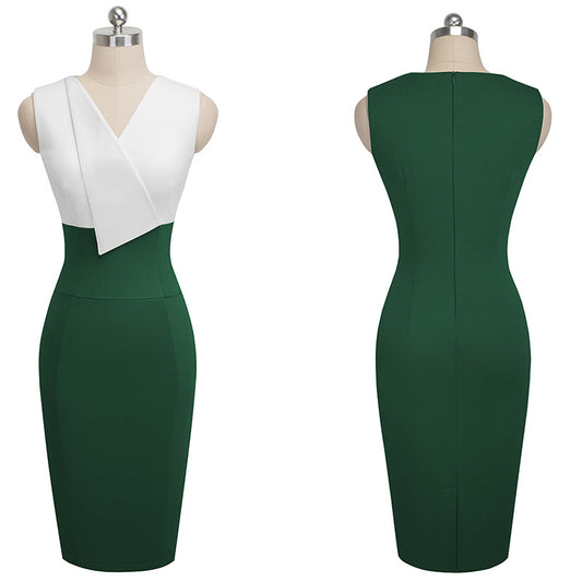 Green and white dress on a mannequin with front and back views displayed.