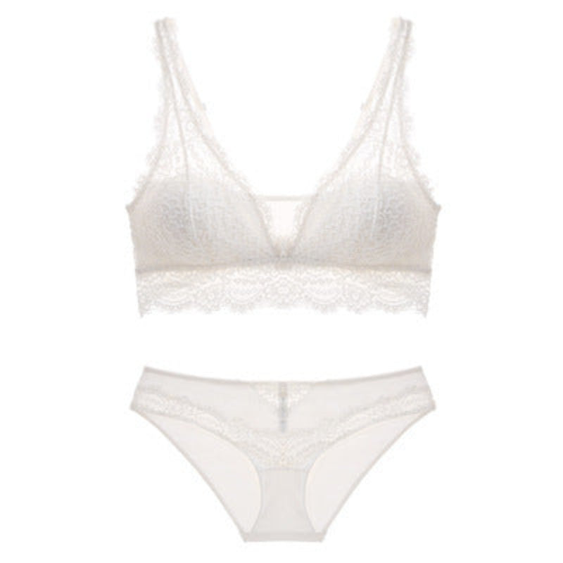 White lace bra and panties set on a white background