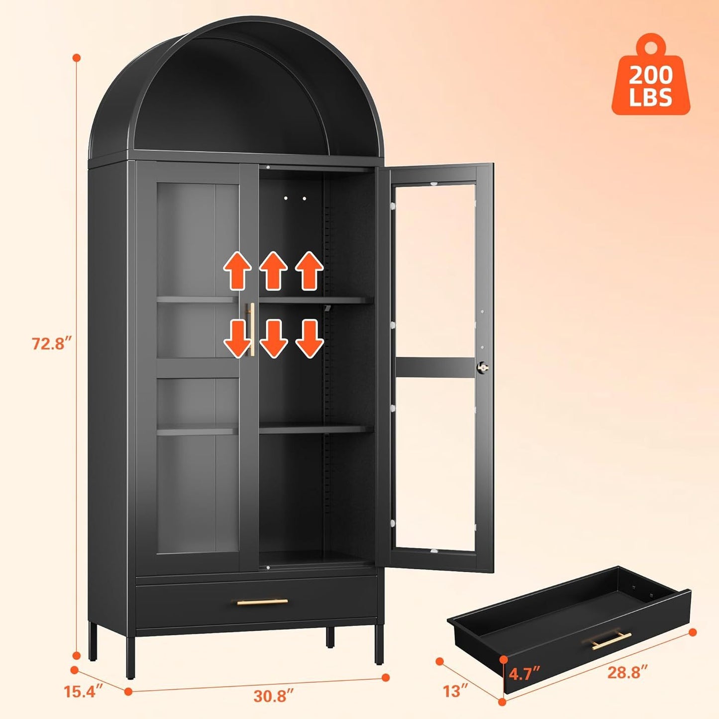 Metal Arched Display Cabinet With Lock, Modern Arch Kitchen Pantry Storage Cabinet With Glass Doors 1 Drawer For Living Room, Bookshelf, Assembly Required Black