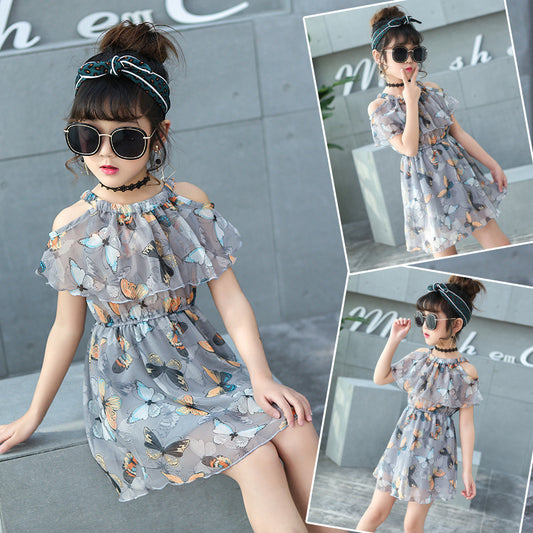 Summer Korean Style Girls Chiffon Print Dress - Princess Design for Kids