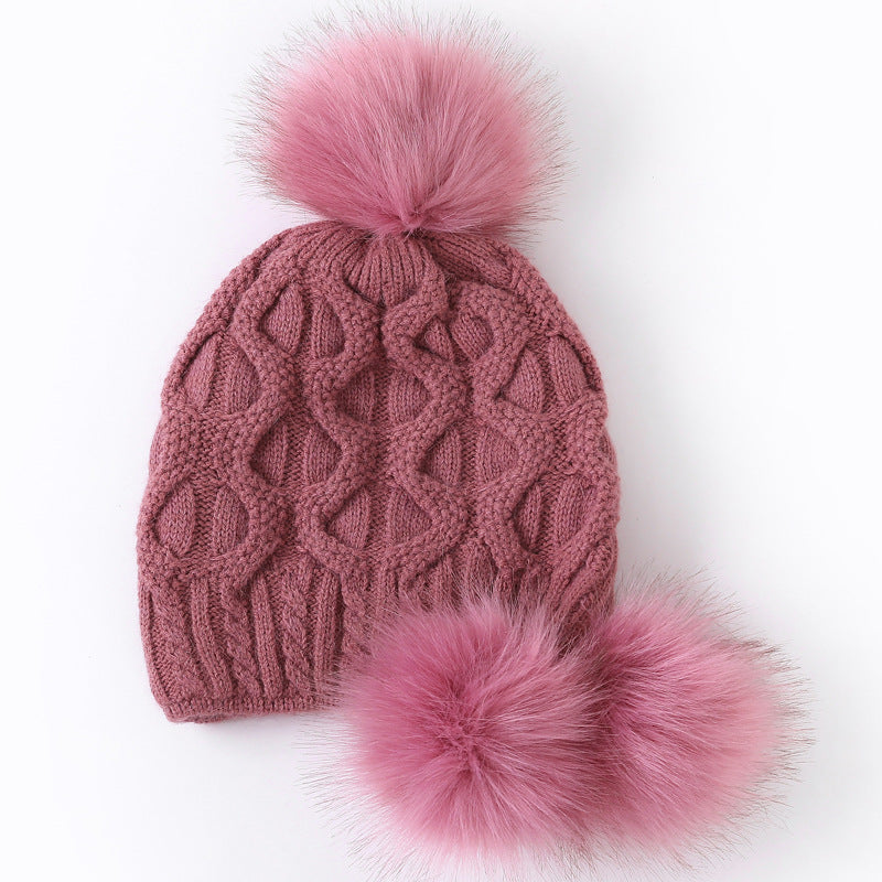 Ladies Knitted Hat with Three Rabbit Hair Balls