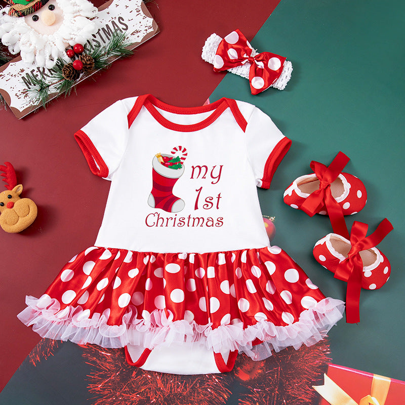 Baby Girl Christmas Party Holiday Clothes Cartoon Old Man Tree Baby's Gown Shoes Hair Accessories 3-piece Set