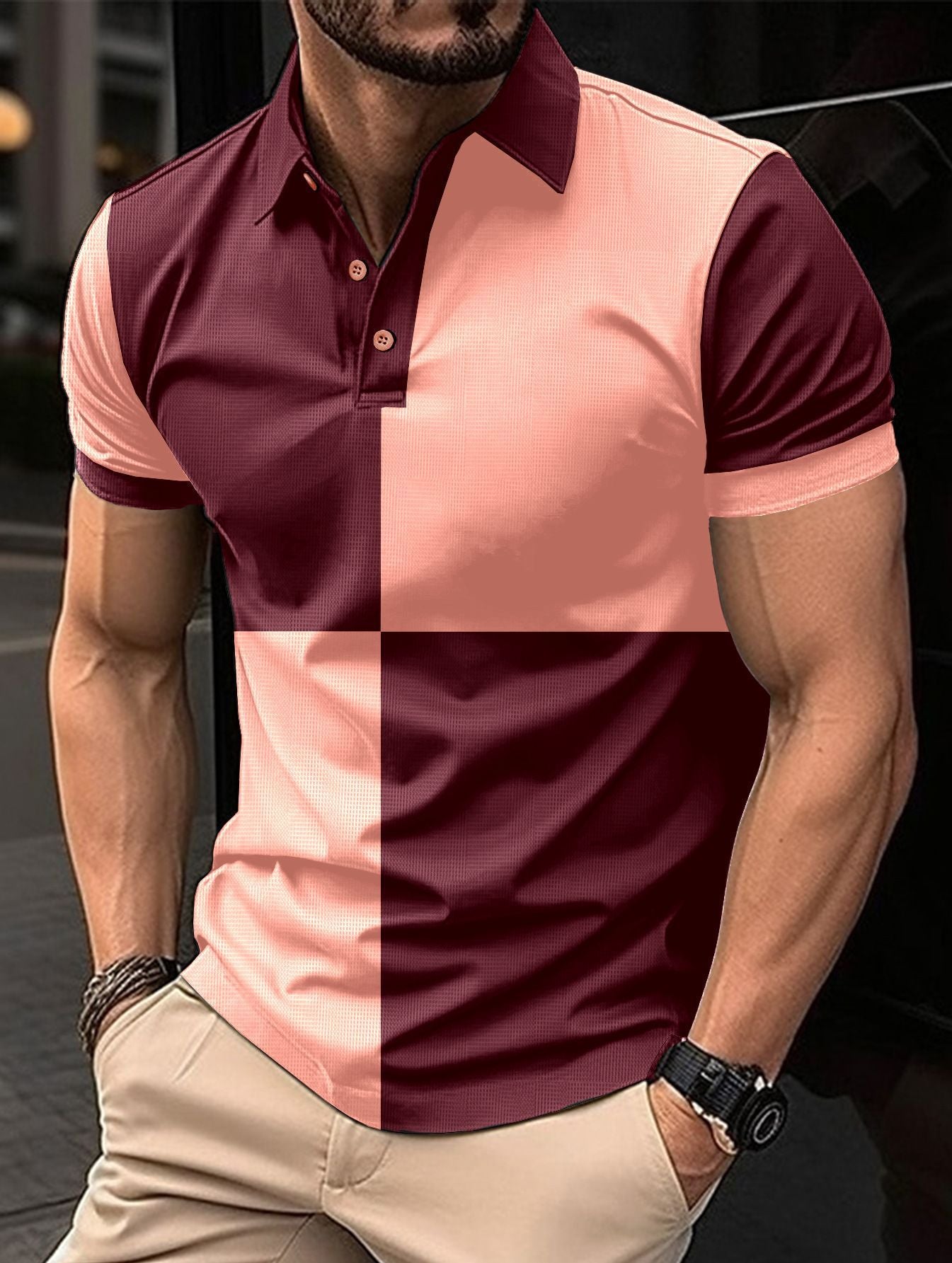 Casual Sports Short Sleeve Color Stitching Turnover Neck Polo Shirt for Men