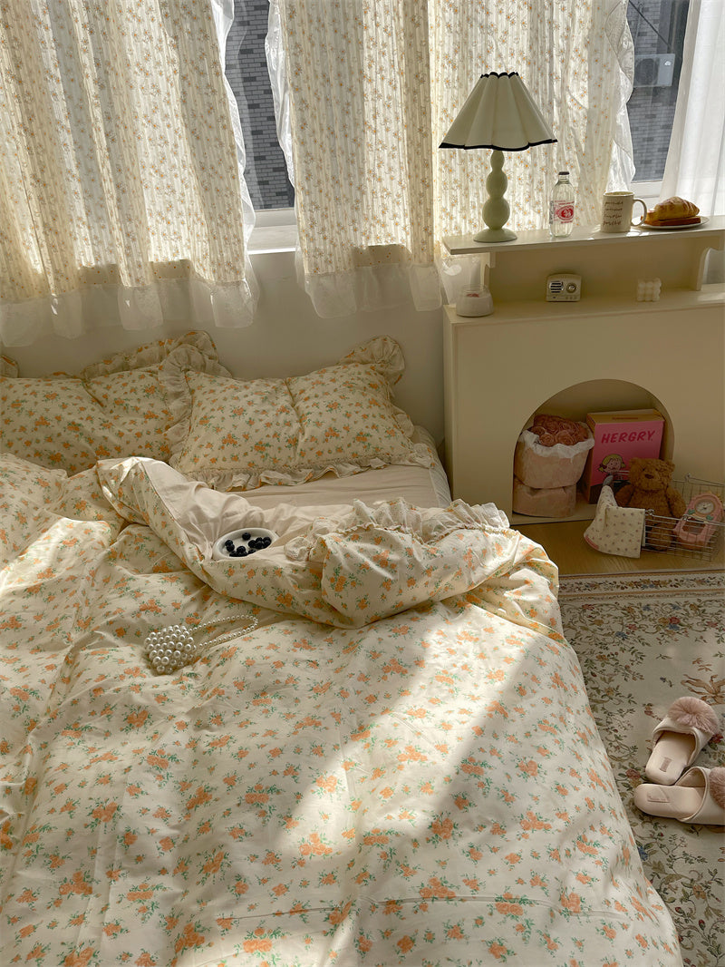 Fragmented Flower All Cotton Four Piece Lace Pure Bed Sheet Quilt Cover Bed Skirt Bedclothes