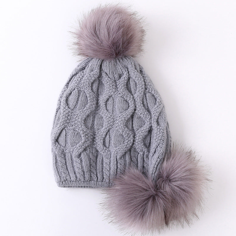 Ladies Knitted Hat with Three Rabbit Hair Balls