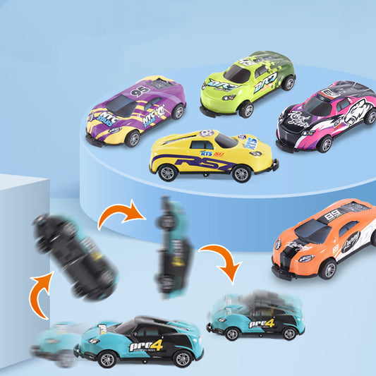 Set of colorful toy cars on a blue background with dynamic arrows indicating transformation.
