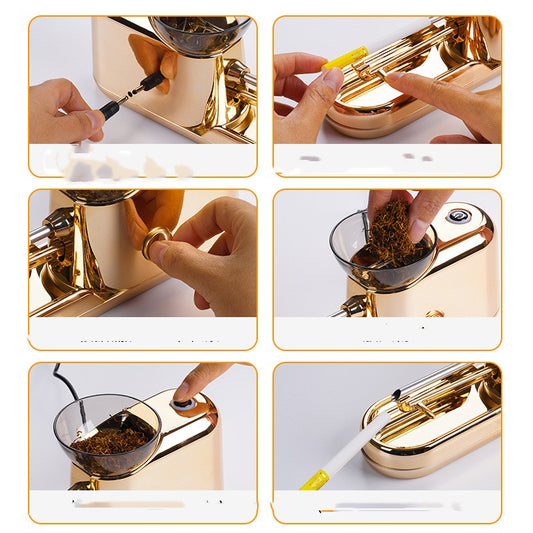 Collage of a gold-colored coffee grinder being used with close-up shots of hands operating it.