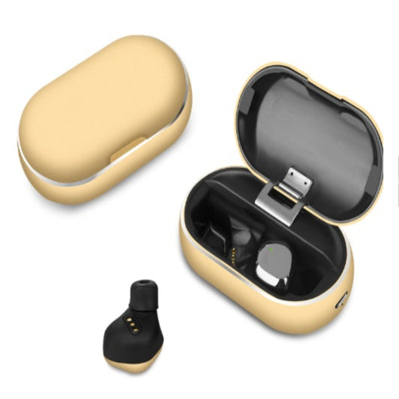 Black wireless earbuds with gold charging case on a white background