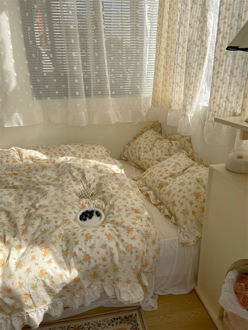 Fragmented Flower All Cotton Four Piece Lace Pure Bed Sheet Quilt Cover Bed Skirt Bedclothes
