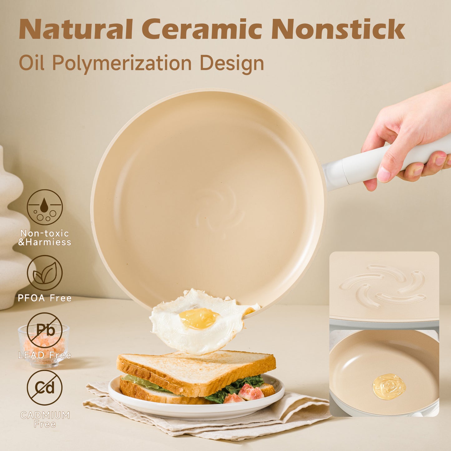 Ceramic Cookware Sets 17pcs, Pots And Pans Set Non Stick, Healthy Induction Kitchen Cooking Set With Removable Handles, Stackable Pots Pans, Oven Safe, PFOA,PFOS Free, Beige