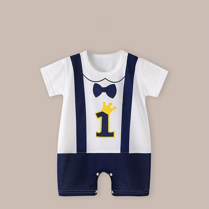 Baby romper with suspenders, bow tie, and number 1 design on a beige background