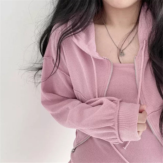 Women Solid Set High Waist Slim Mini Dress Hooded Zipper Short Long Sleeve Sweater Cardigan Suit