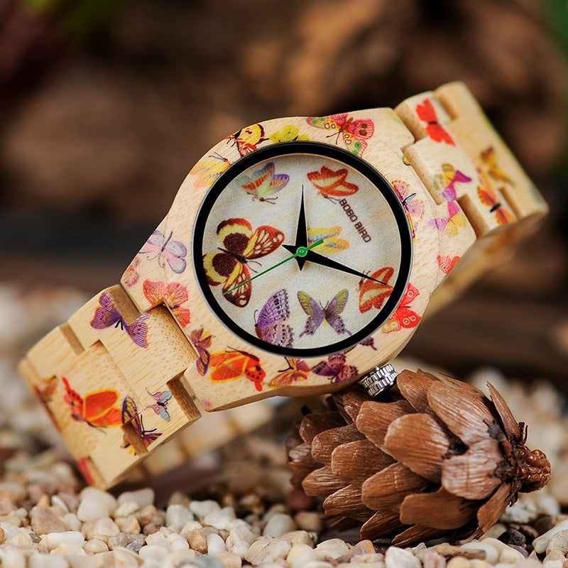 BOBO BIRD O20 Butterfly Print Women’s Bamboo Quartz Watch