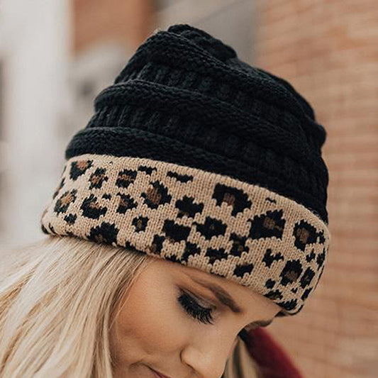 Leopard Print Cuffed Knitted Hat for Women