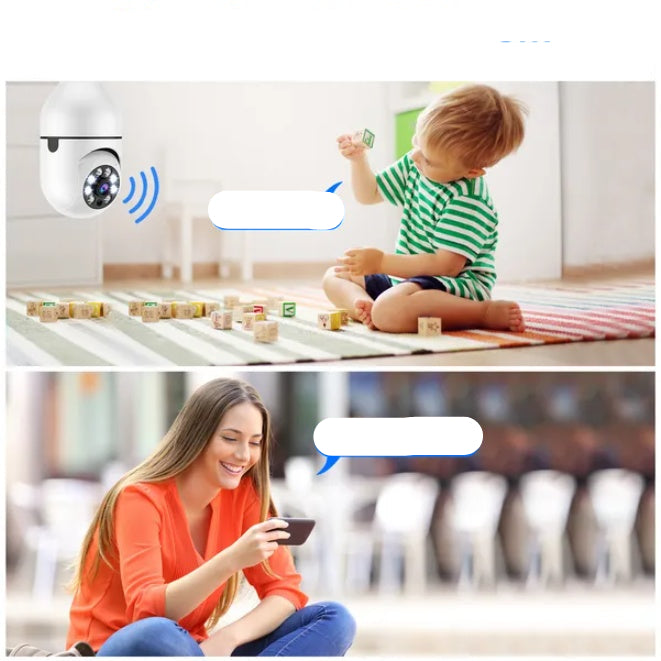 Two-way intercom system with child playing and woman using app on smartphone.
