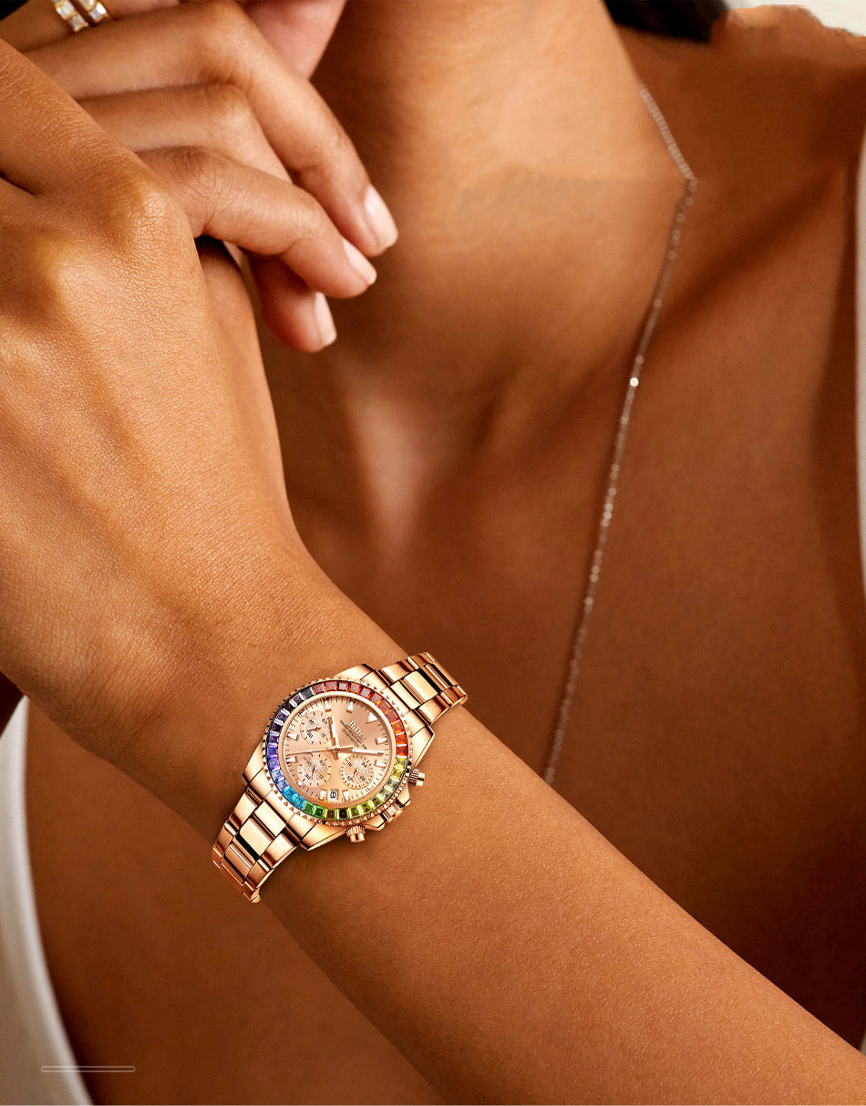 Fashion Steel Band Colored Diamond Ladies Watch
