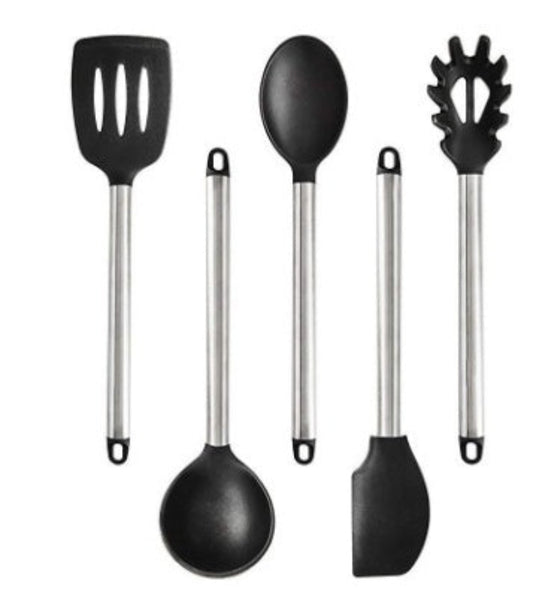A set of silicone kitchen utensils and appliances with stainless steel handles, including a slotted spoon, solid spoon, pasta server, and other tools.