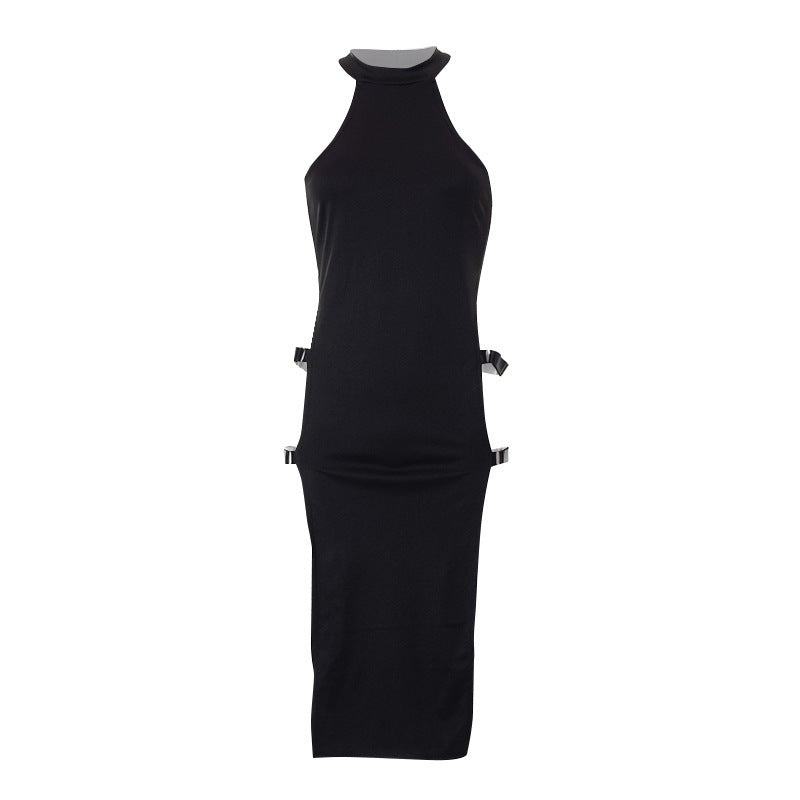 Black sleeveless dress with unique design elements on a white background