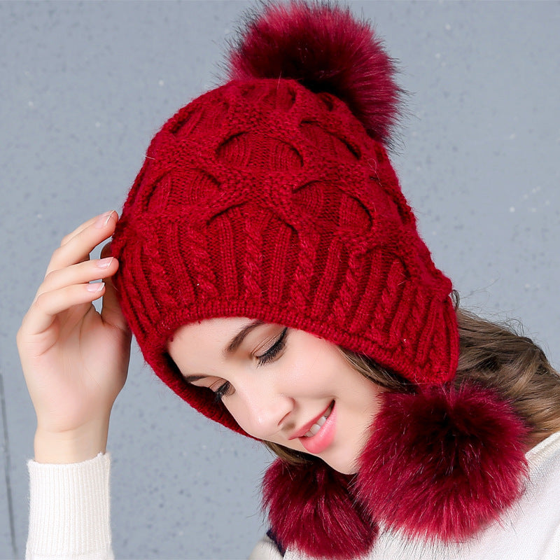 Ladies Knitted Hat with Three Rabbit Hair Balls