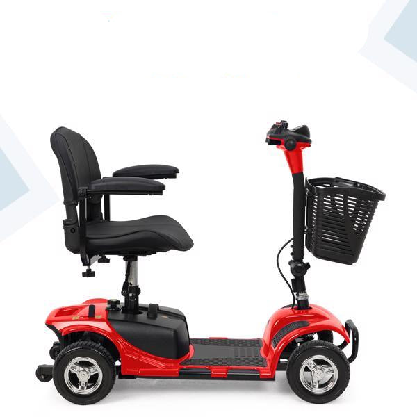 Red and black mobility scooter with auto electromagnetic brakes and anti-roll wheels on a white background.