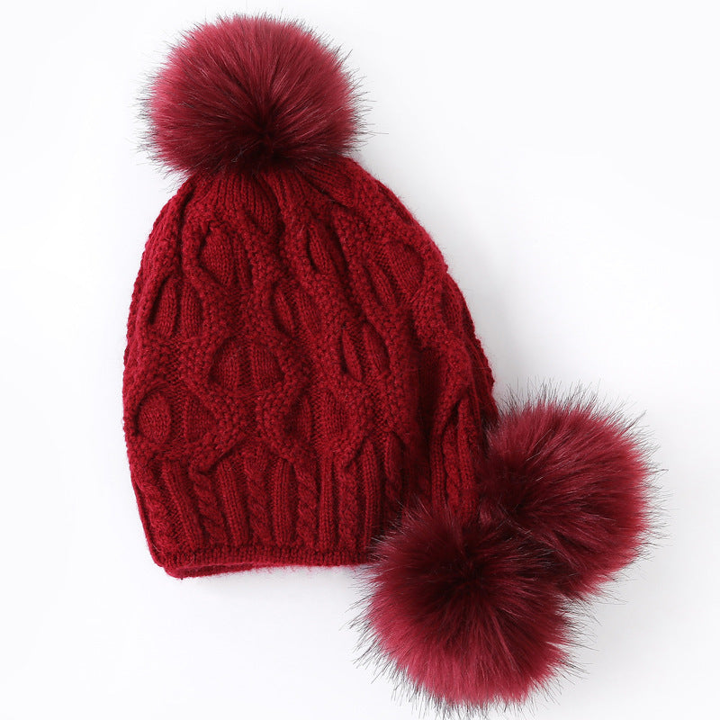 Ladies Knitted Hat with Three Rabbit Hair Balls