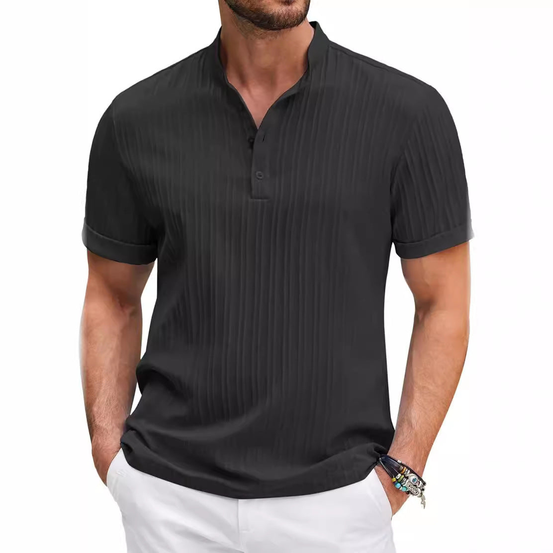 Summer Stand Collar Buttons Short Sleeve T-Shirt