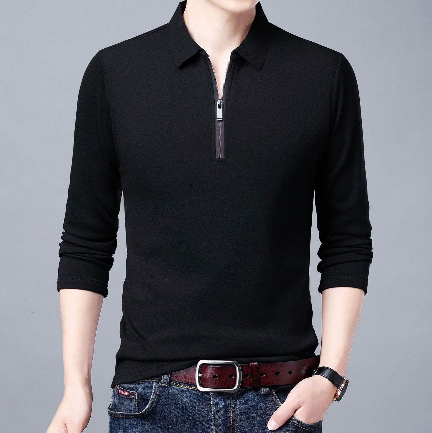 Spring And Autumn Men Long Sleeve Lapel Half Zip T Shirt