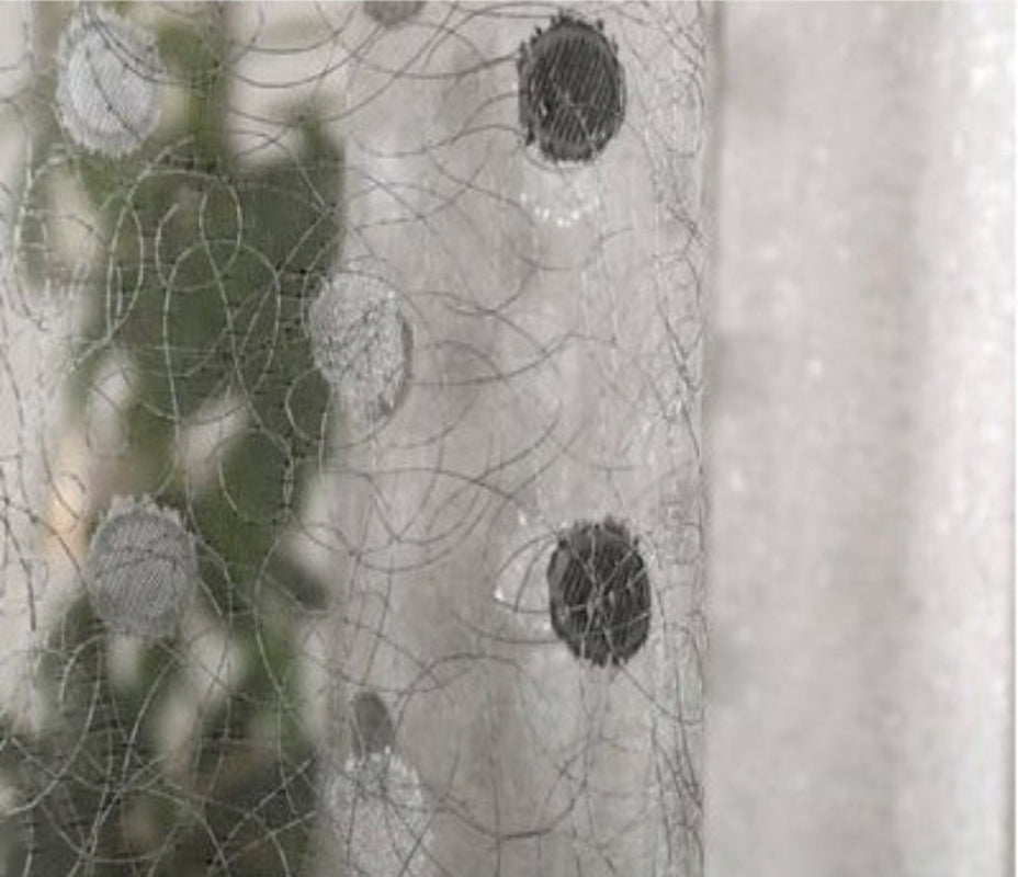 A picture showing a set of simple blackout curtains in a room. The curtains are primarily white with gray accents, and they appear to be made of a combination of materials, possibly including tulle.