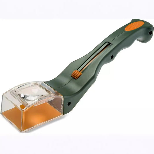 Green handheld vacuum cleaner with orange accents on a white background