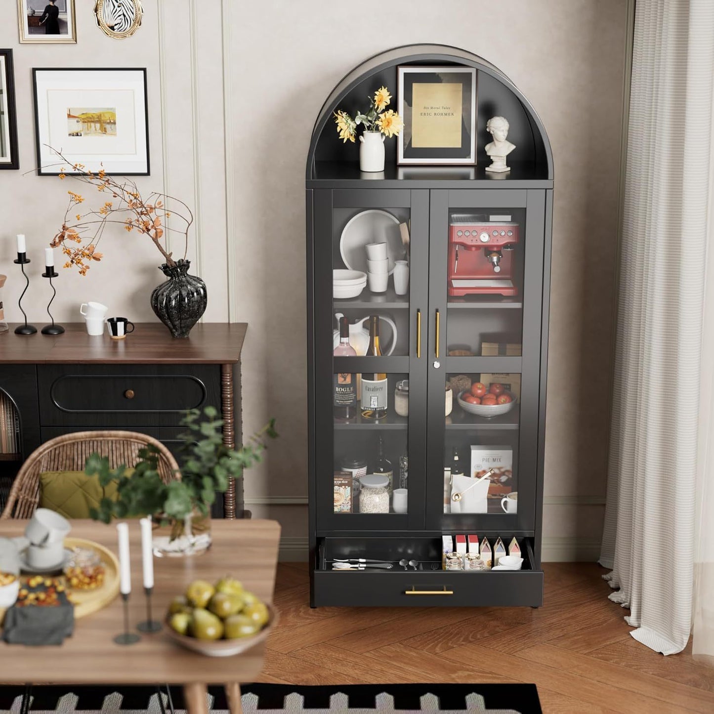 Metal Arched Display Cabinet With Lock, Modern Arch Kitchen Pantry Storage Cabinet With Glass Doors 1 Drawer For Living Room, Bookshelf, Assembly Required Black