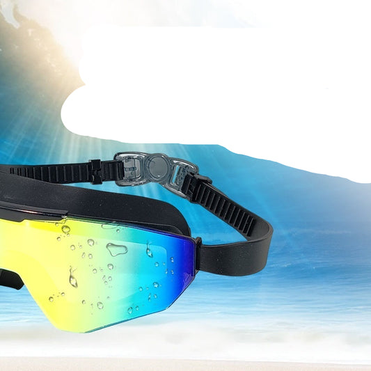 Coated swimming goggles with text on a blue gradient background