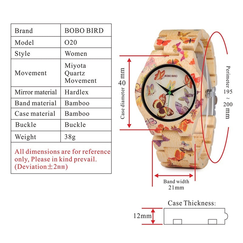 BOBO BIRD O20 Butterfly Print Women’s Bamboo Quartz Watch