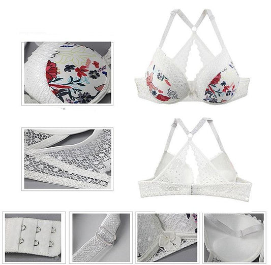 White bra with floral lace details on a white background
