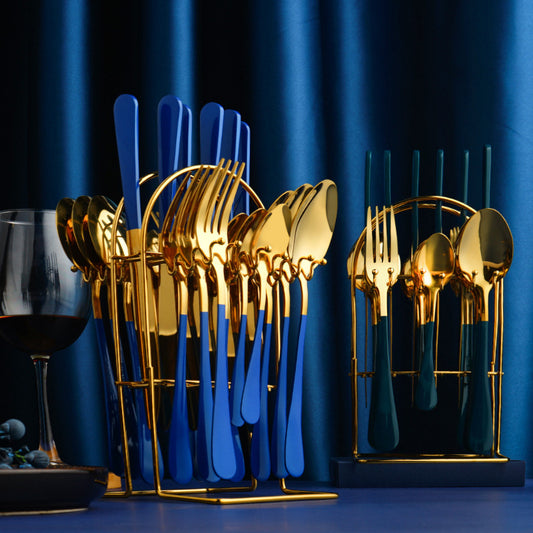 Luxury Gold Stainless Steel Dinnerware Set - Knife, Fork, Spoon, Cutlery Set with Storage Rack
