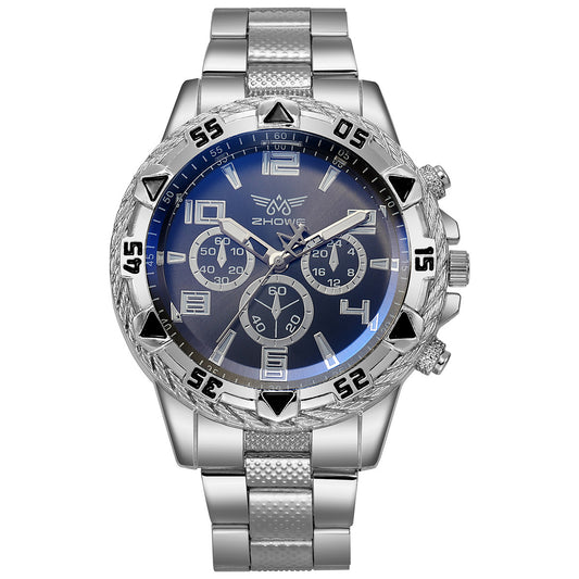 Silver wristwatch with a blue face on a white background