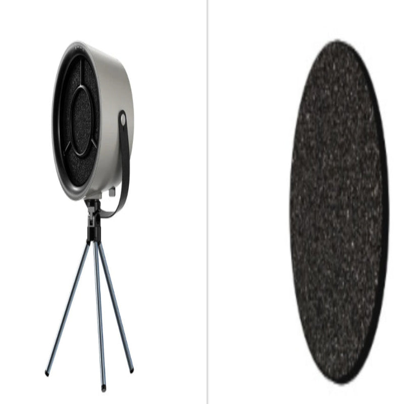 Studio microphone with stand and close-up of the microphone's windscreen on a white background