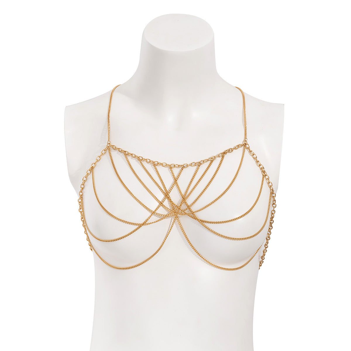 Gold chainmaille top on a mannequin against a white background