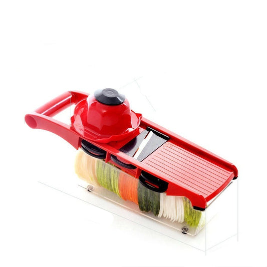 Red mandoline slicer with dimensions labeled on a white background
