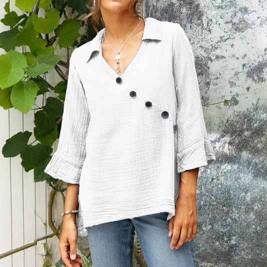 Women's Cotton And Linen Button V-neck Shirt Top