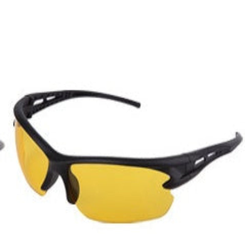 A pair of black sports sunglasses designed for outdoor activities, featuring a wraparound design and UV protection lenses.