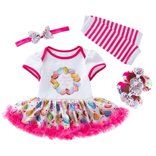 Baby outfit set with onesie, headband, and socks on a white background