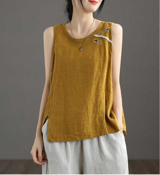 Cotton Linen Vest Female Artistic Embroidery Outer Wear Inner Wear