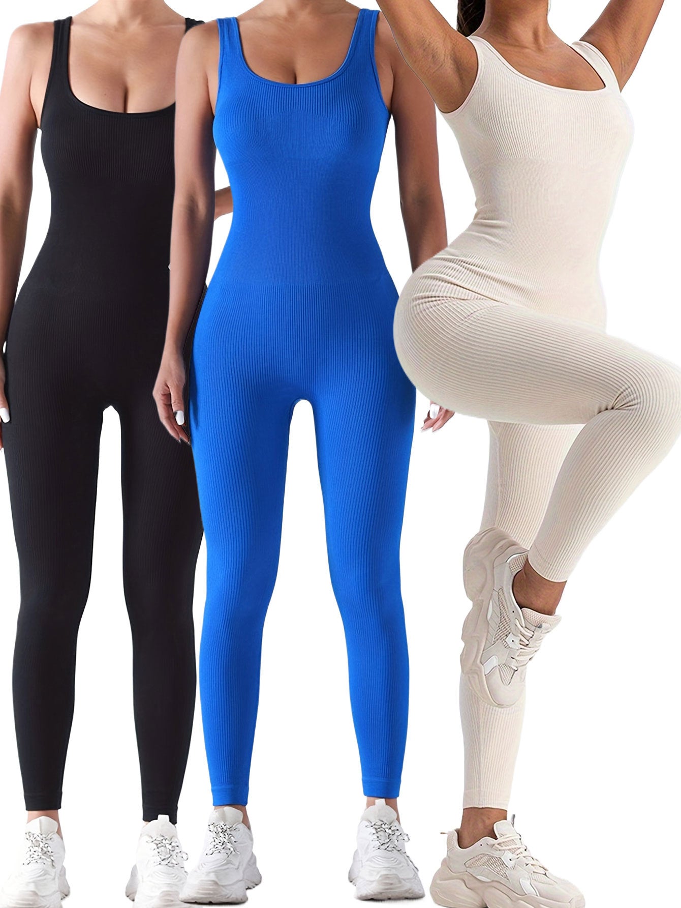 3 Pack Women's Ribbed Solid Color One-Piece Jumpsuit - Form-Fitting Sensual Activewear
