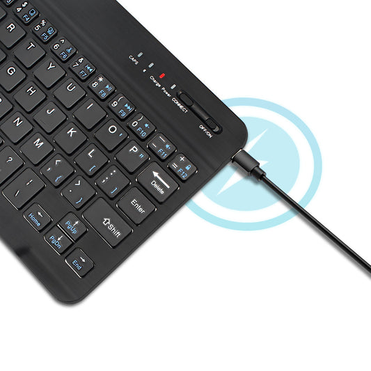 Rechargeable wireless keyboard with charging cable and battery details.