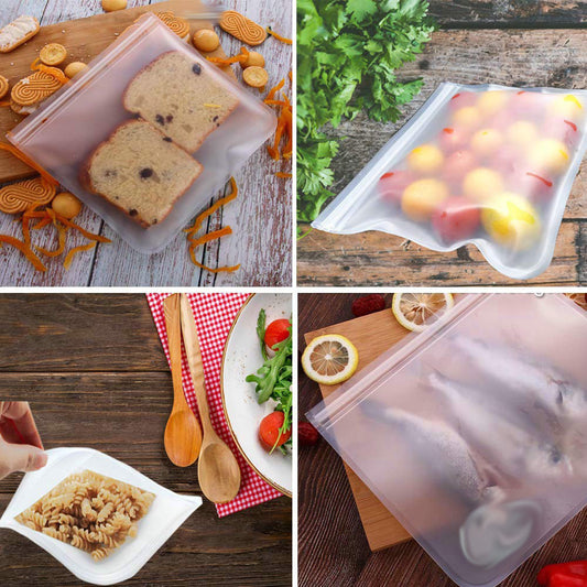 Collage of food packaging bags with various food items on a wooden surface.