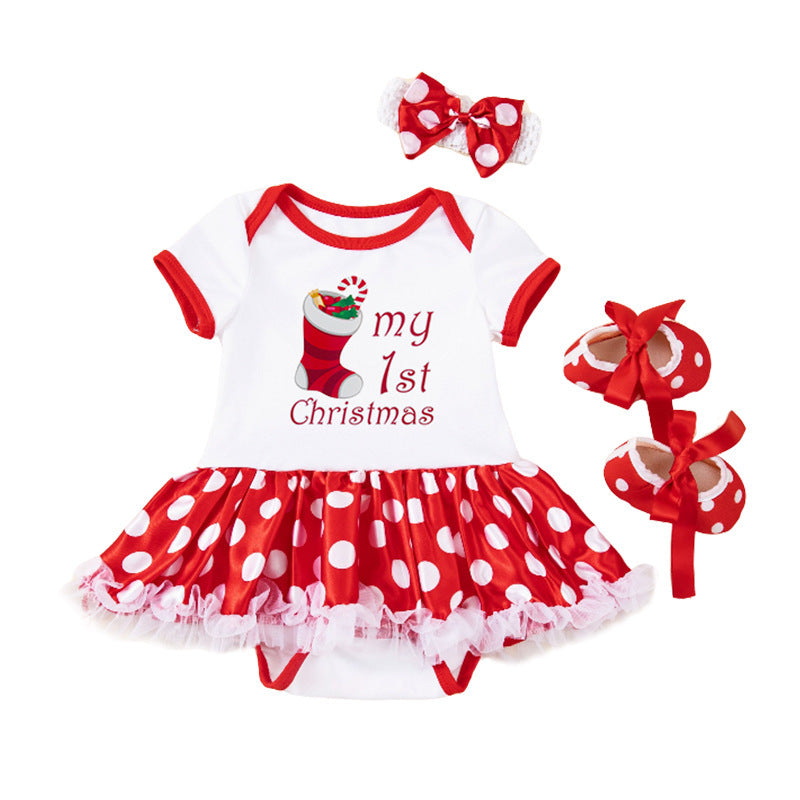 Baby Girl Christmas Party Holiday Clothes Cartoon Old Man Tree Baby's Gown Shoes Hair Accessories 3-piece Set