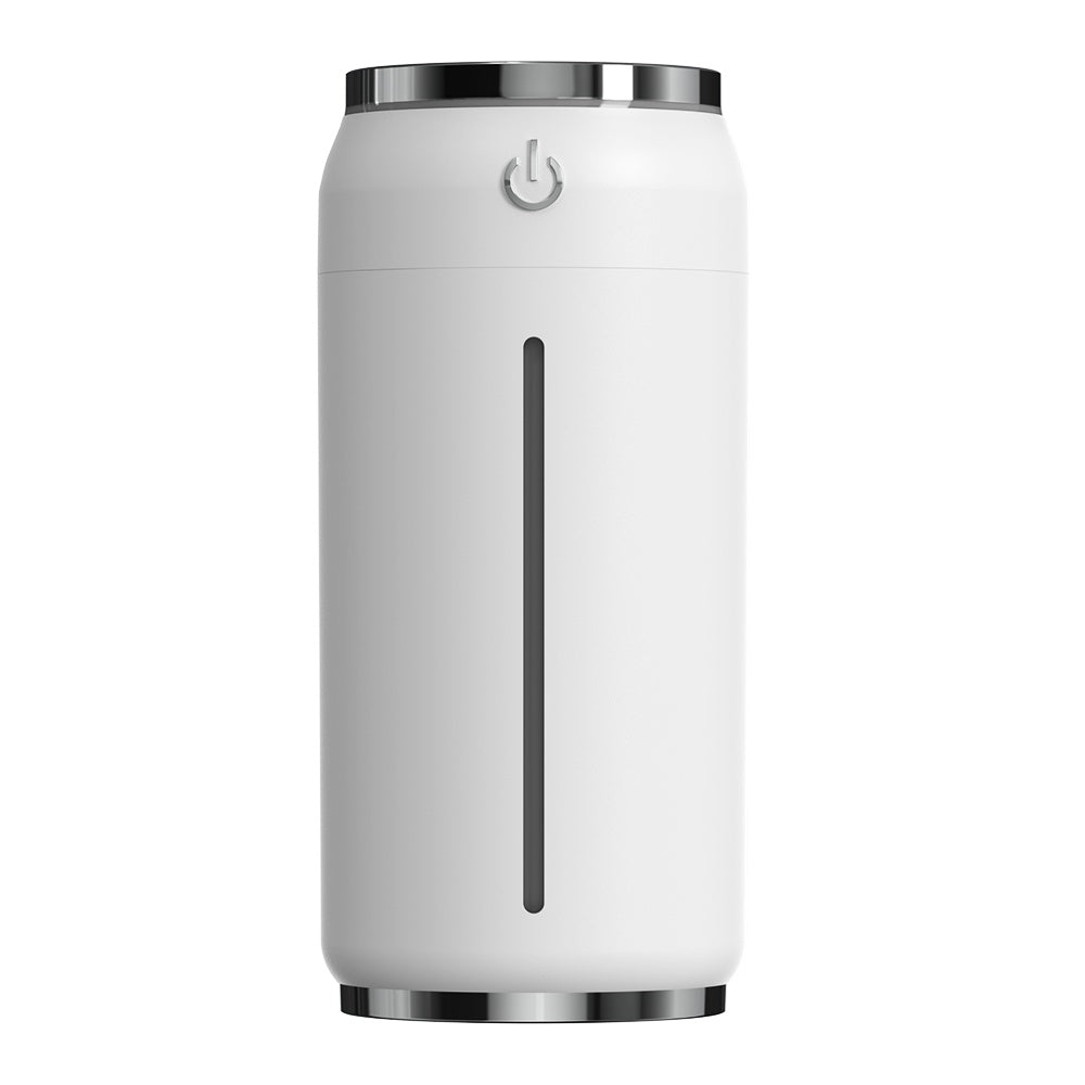 Four cylindrical car humidifiers in green, black, gray, and pink colors emitting mist, equipped with LED lights and USB ports.